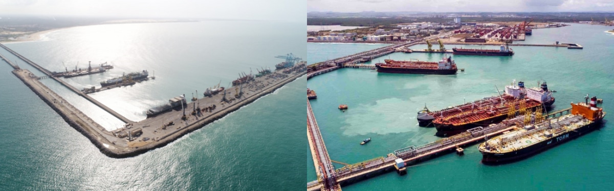 Industrial ports of Pecém (left) and Suape (right)