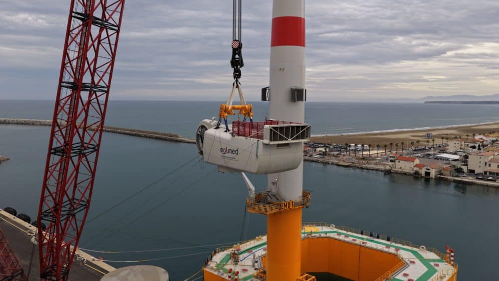 Installation of the nacelle for one of the three wind turbines in the Eolmed offshore pilot farm project led by Qair