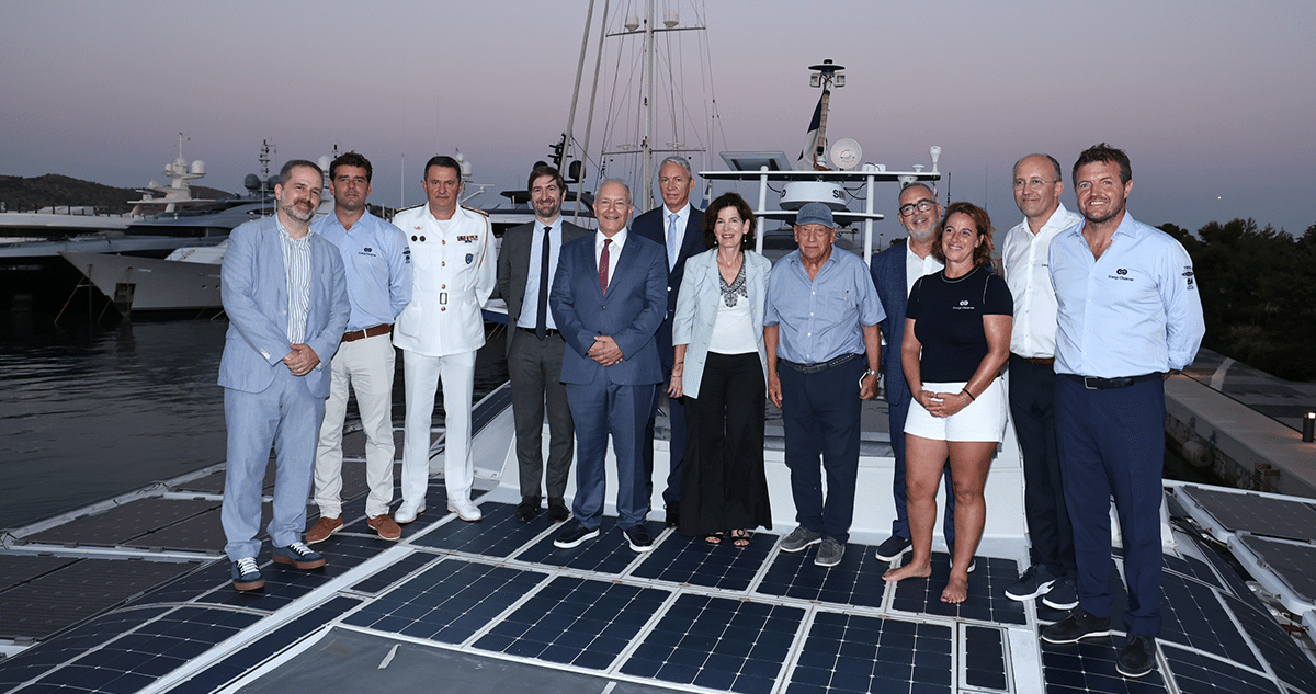 Representatives of Energy Observer, Qair, Natixis, and Greek authorities standing on Energy Observer's roof.